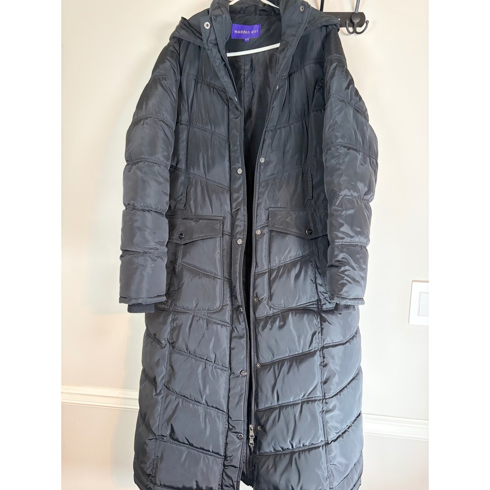 Madden Girl Womens Black Long Puffer Coat Hooded Quilted Parka Jacket XL